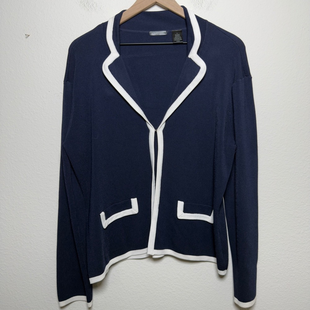 Knit Chic Women Old Money Cardigan Sweater Large Navy Blue White‎ Trim Preppy